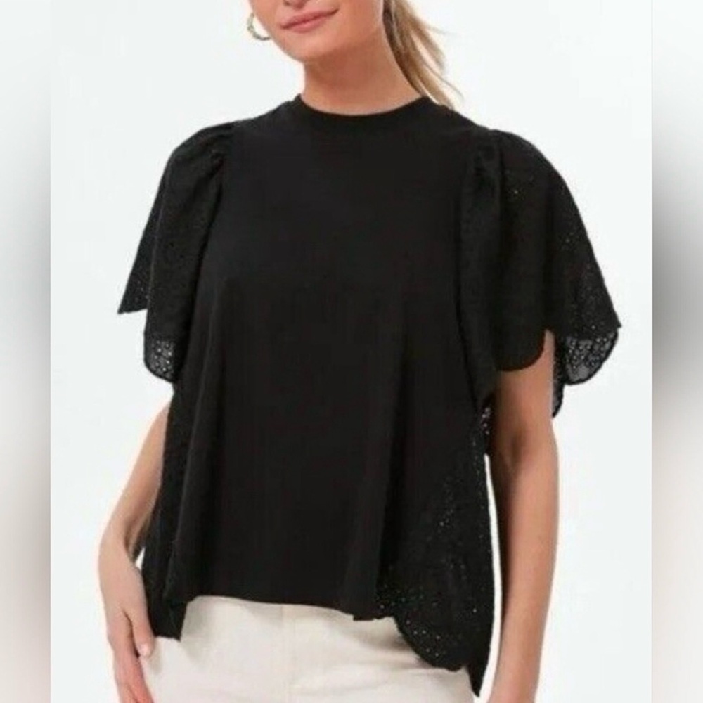 Tuckernuck Pomander Place Emi Eyelet Tiered Blouse Black size Small